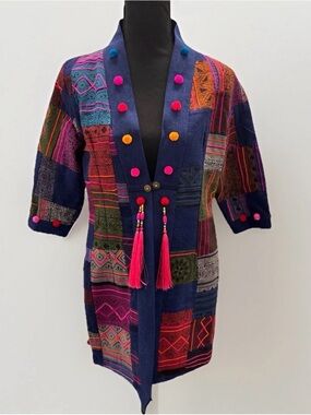 Bohemian Embroidered Artisan Jacket M Indigo Patchwork Tassel Pom Pom Ethnic